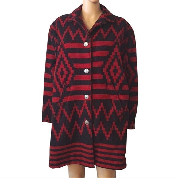 Woolrich USA Women's Size Small Navajo Red Black Button Up Coat With Pockets - Picture 1 of 13